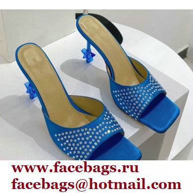 Mach & Mach Star Heel 8.5cm Crystal Embellished Mules Satin Blue 2022 Mach & Mach Star Heel 8.5cm Crystal Embellished Mules Satin Blue 2022
